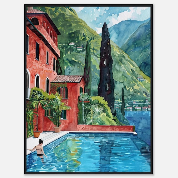 コモ湖の水彩画：イタリア地中海の風景画 - Etsy 日本