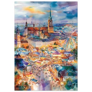 Puede incluir: Pintura a la acuarela de una ciudad europea al anochecer, con una noria, un tiovivo y numerosos puestos de mercado. La obra de arte presenta una vibrante paleta de colores de azules, naranjas y morados, con un enfoque en los detalles arquitectónicos y multitudes bulliciosas.