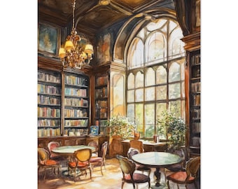 Classic Library Interior Watercolor Print: Elegant Reading Room Wall Art Vintage Literary Artworkt
