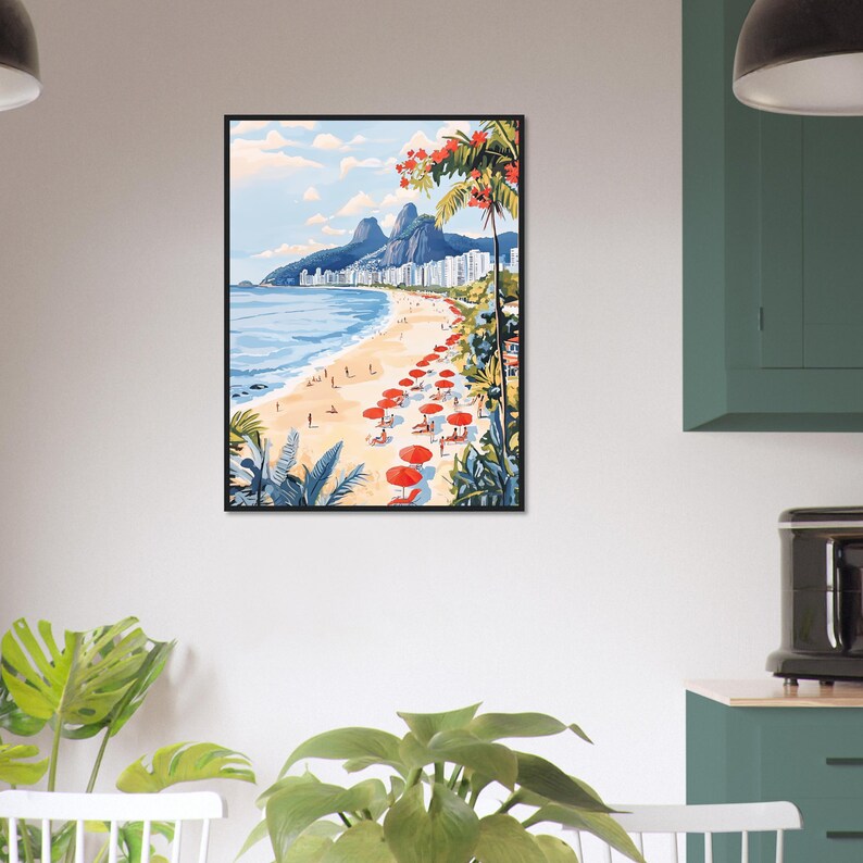 May include: A painting of a beach scene with red umbrellas and palm trees. The beach is lined with buildings and mountains in the background. The water is blue and the sky is light blue.