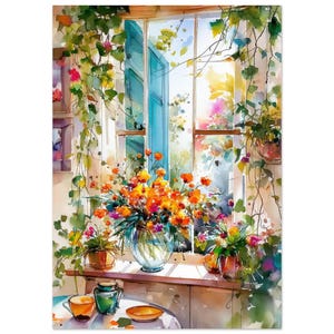 Op de afbeelding: Aquarel schilderij van een zonnige raamscène. Een grote vaas met oranje en gele bloemen staat op een vensterbank, met kleinere potplanten en ranken. Een tafel met een kop en schotel staat op de voorgrond.