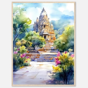 Stampa ad acquerello del tempio di Meera del Rajasthan, stampa artistica del forte di Chittorgarh, opera d'arte indiana, dipinto del tempio indiano di NataliaAyuArt