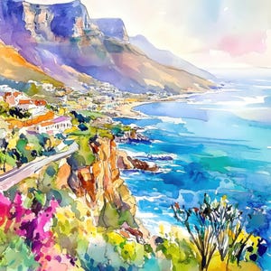 Stampa di acquerello della costa di Città del Capo, stampa artistica da parete del Sudafrica, opera d'arte di Table Mountain, opera d'arte costiera dell'Oceano Atlantico di NataliaAyuArt