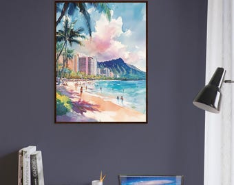 ワイキキビーチの水彩画プリント：ホノルル・ハワイのアート