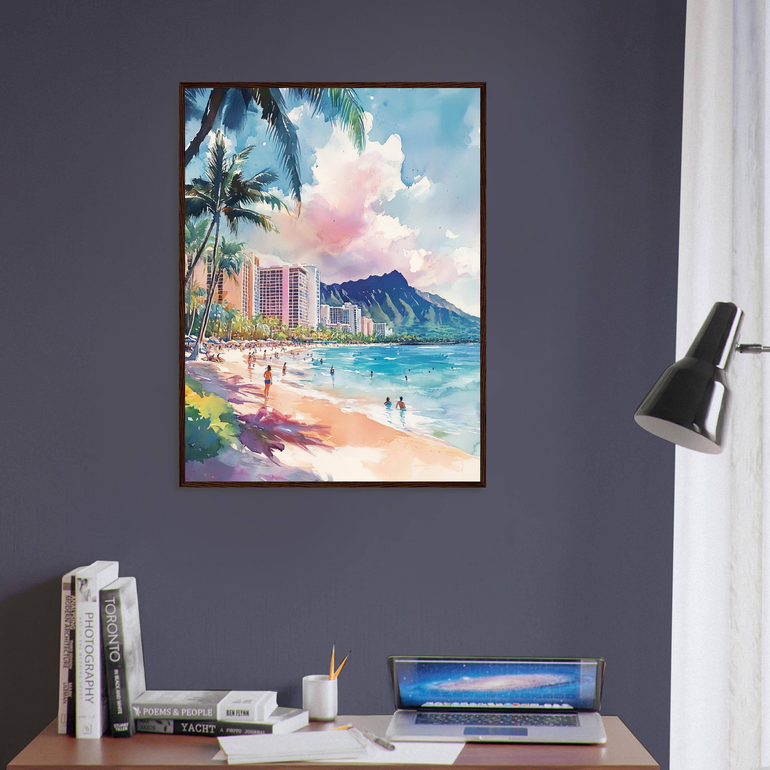 ワイキキビーチの水彩画：ホノルル・ハワイ・アート、ダイヤモンド