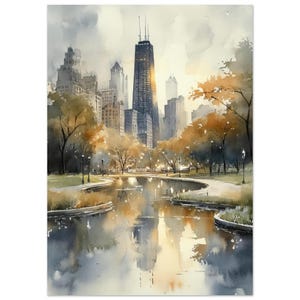 Stampa acquerello dello skyline di Chicago, stampa artistica da parete con paesaggio urbano di Chicago, poster di viaggio dell'Illinois, opera d'arte degli Stati Uniti di NataliaAyuArt