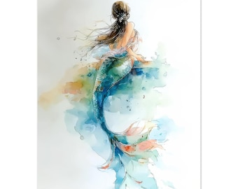 Lámina de acuarela de sirena: Arte mural de fantasía costera caprichosa, pintura de sirena del océano, decoración náutica