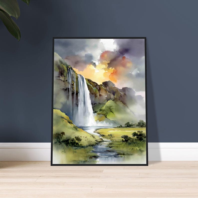 Seljalandsfoss Waterfall Print: Iceland Nordic Landscape Watercolor Art ...