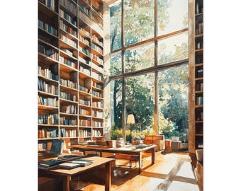Library Interior Watercolor Print: Sunlit Reading Room with Bookshelves Wall Art – Cozy Literary Canvas