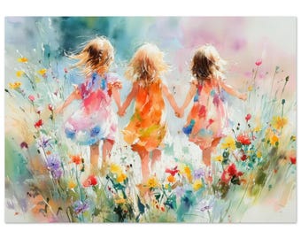 May include: Watercolor painting of three young girls holding hands and running through a field of colorful wildflowers. The girls wear brightly colored dresses in shades of pink, orange, and blue. The artwork has a soft, dreamy quality.