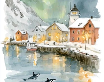 Alaska Fjord Orca Painting: Snowy Village, Northern Lights Art