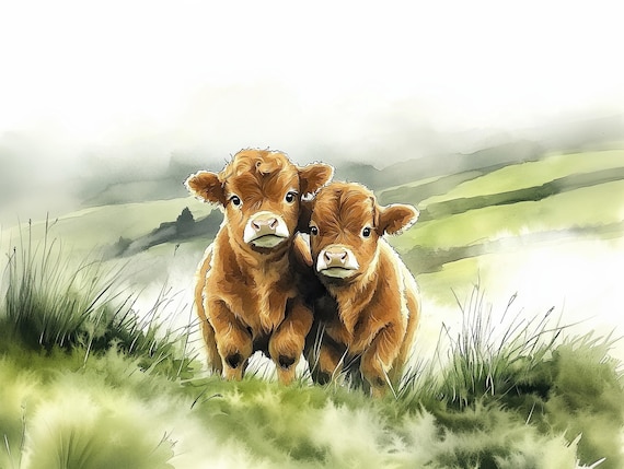 Highland Cattle Watercolor Print: Two Baby Calves Wall Art