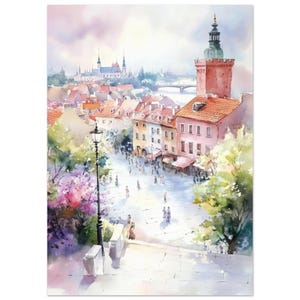May include: A watercolor painting depicting a European town square with a tall red brick tower, terracotta-roofed buildings, and a stone staircase in the foreground. A black lamppost stands on the left, with soft trees and distant city spires.