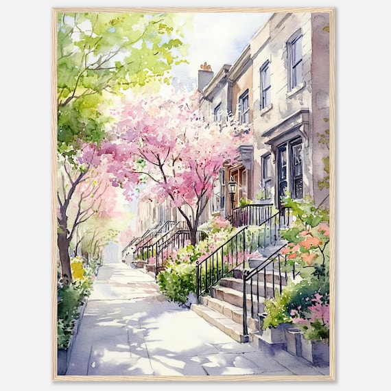 Brooklyn Brownstone Watercolor Print: Spring Blossoms, NYC