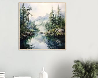 霧深い山の川の水彩画プリント：静かな松林の風景壁掛けアート - Etsy 日本