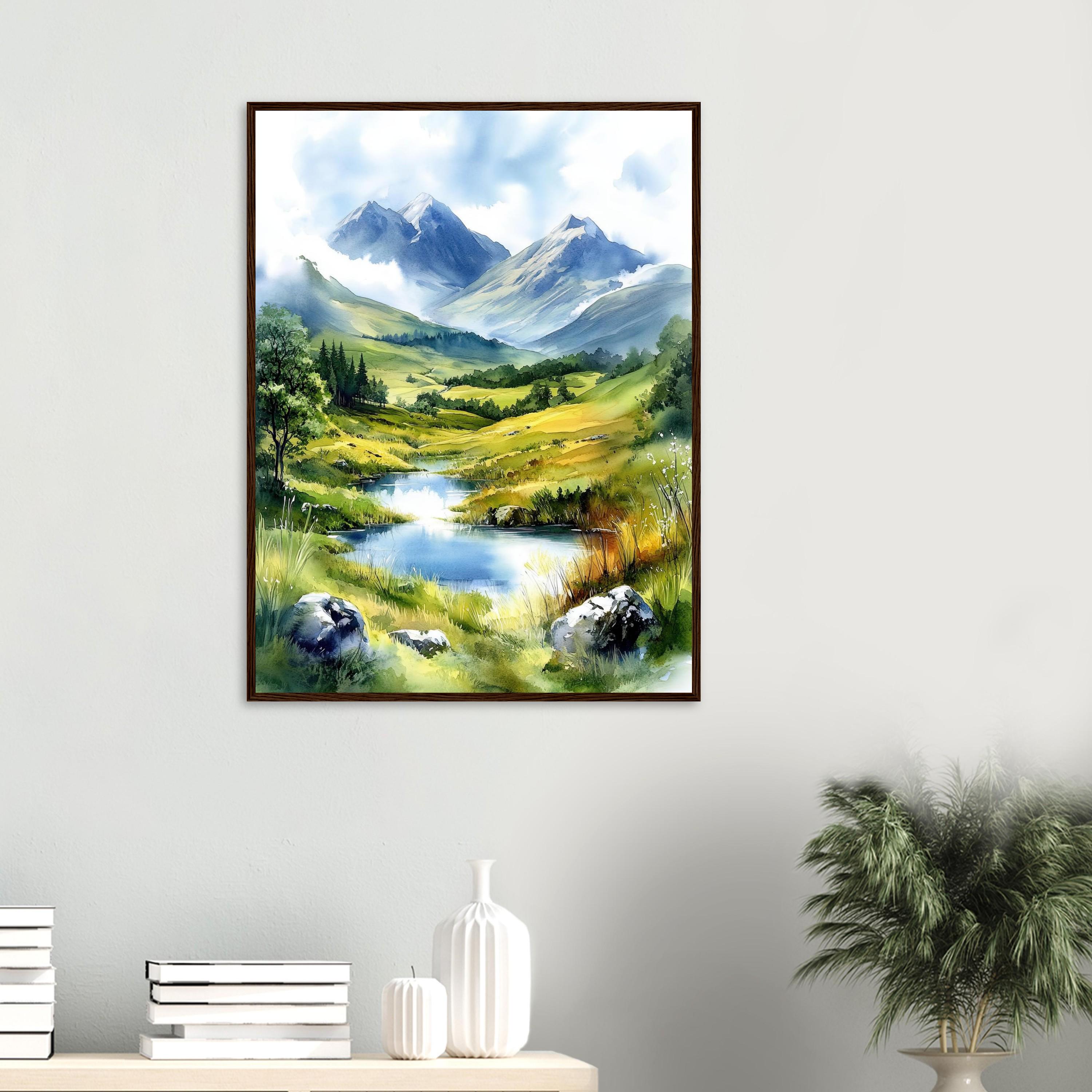 スコットランド高地の水彩画プリント：山と川の風景画 - Etsy 日本
