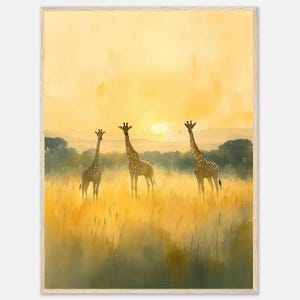 Impresión de acuarela de la sabana de Kenia, impresión de arte de pared con puesta de sol con jirafas serenas, obra de arte de paisaje de safari, póster de naturaleza de Kenia de NataliaAyuArt