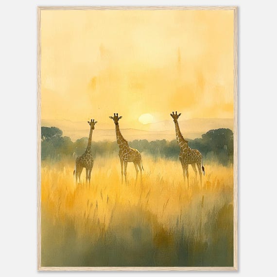 ケニアのサバンナ水彩画プリント：キリンの夕日壁画 アフリカの風景画
