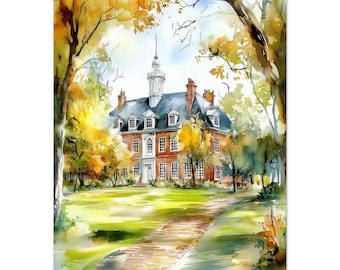 Williamsburg Virginia Watercolor Painting Print: Colonial Governor’s Palace Wall Art