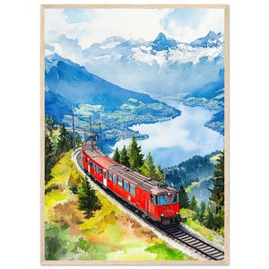 Swiss Alps Train Watercolor Painting Mountain Wall Art Print Switzerland Travel Poster Alpine Scenic Landscape Vintage Art  by NataliaAyuArt