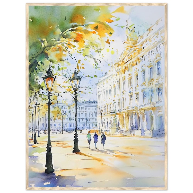 Aquarelprint van Wenen: Oostenrijkse stadsgezicht muurdecoratie, kunstwerk met historische Europese architectuur 60x80 cm / 24x32″