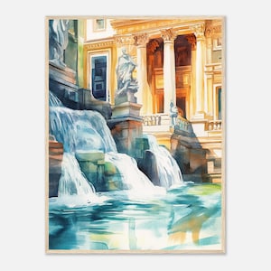 Trevi Fountain Print Watercolor Painting Rome Italy Wall Art Print  Roman Architecture Cascading Water Statues Artwork Italian Travel Art