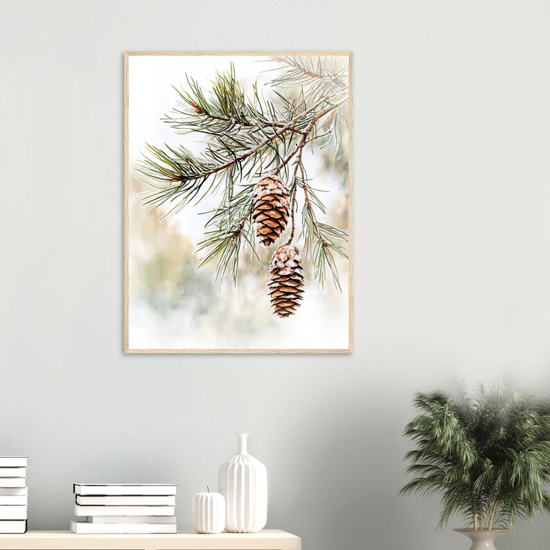May include: A close-up of a pine branch with two brown pine cones hanging from it. The background is a soft, blurred watercolor wash of green and white.