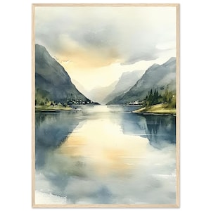 Norwegian Fjord Watercolor Painting Print Misty Mountain Wall Art Print  Norwegian Landscape Artwork Nordic Nature Poster by NataliaAyuArt