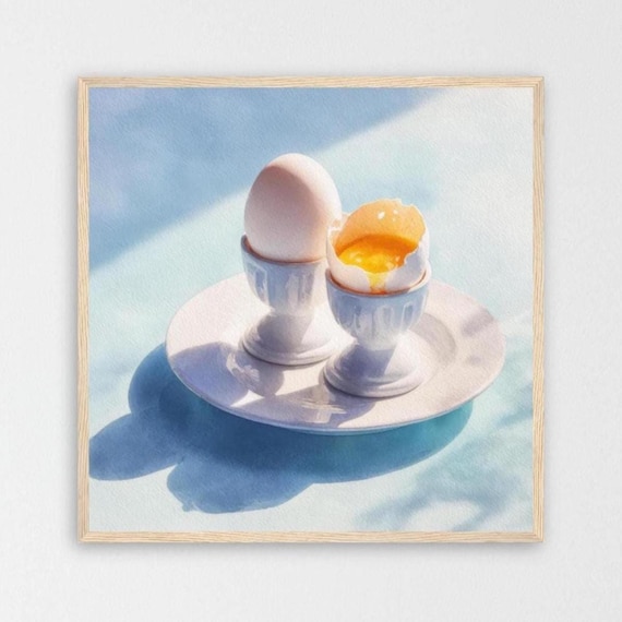 半熟卵の水彩画：ミニマリストキッチンフードアート - Etsy 日本