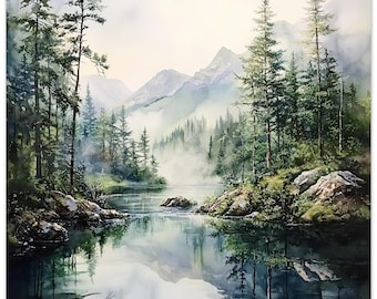 霧深い山の川の水彩画プリント：静かな松林の風景壁掛けアート - Etsy 日本