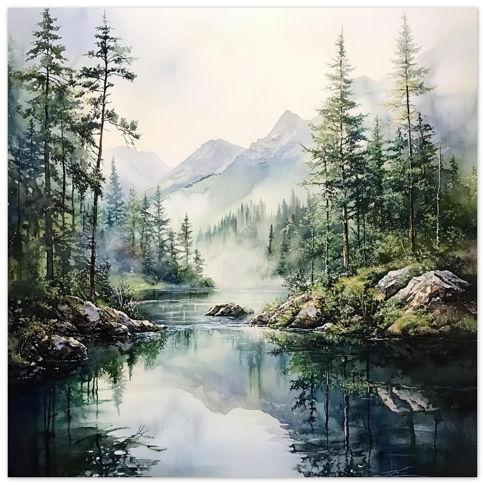 YellowKorner 自然・風景アートプリント 霧深い山の川の水彩画プリント：静かな松林の風景壁掛けアート - Etsy 日本