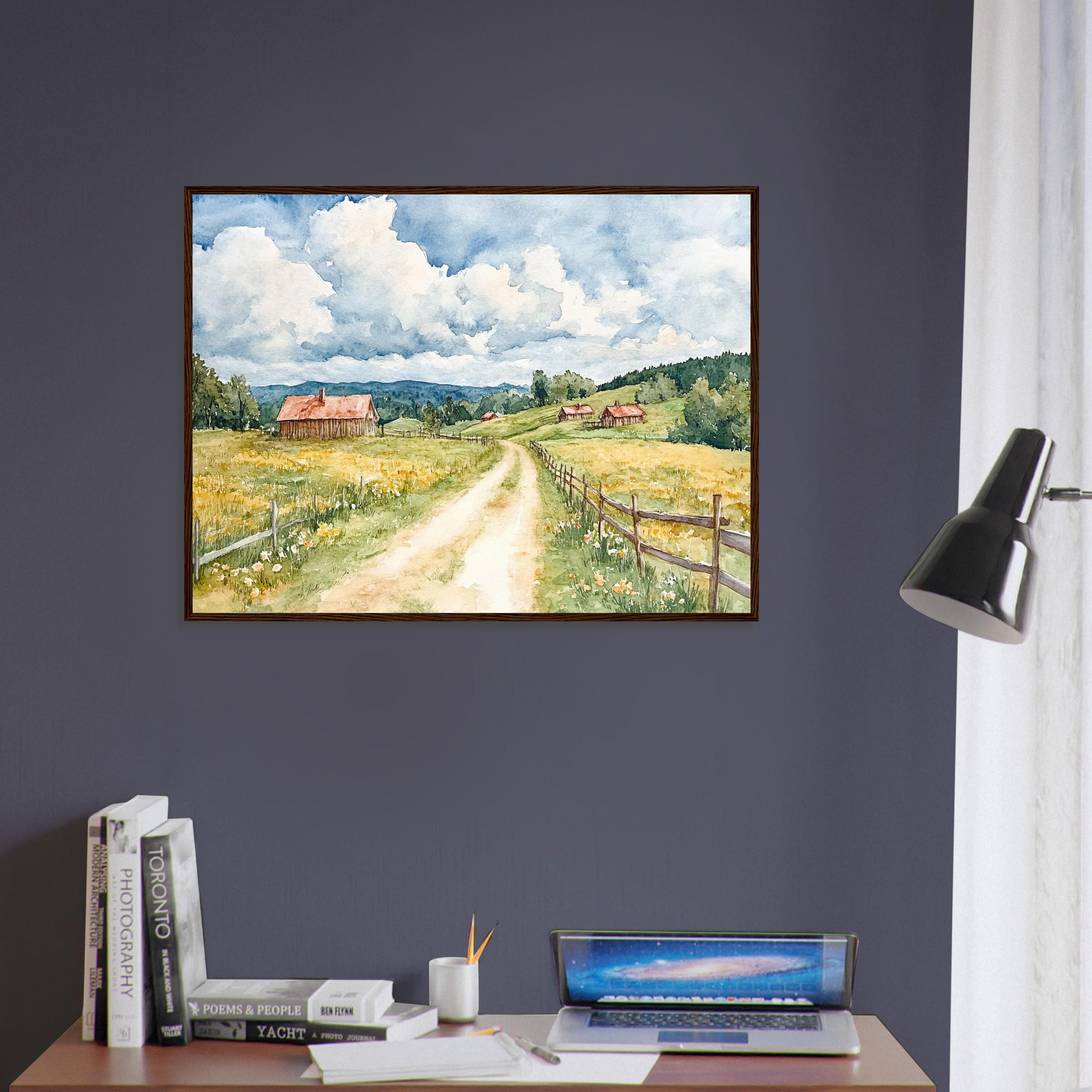 素朴な農家風水彩画プリント：穏やかな田園風景の壁掛けアート - Etsy 日本