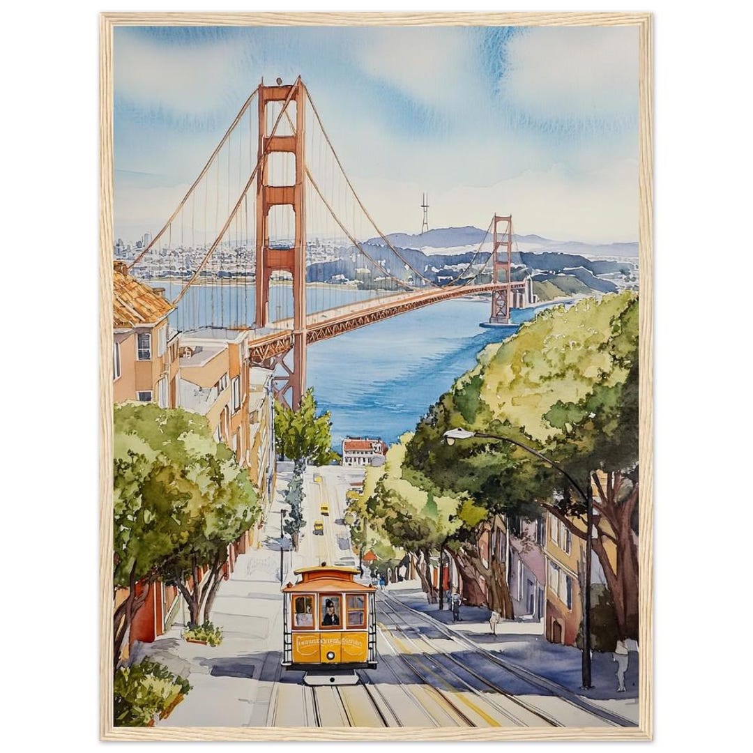 Golden Gate Bridge Watercolor Print: San Francisco Cable Car Art