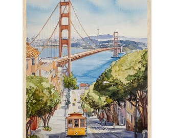Golden Gate Bridge Cable Car Watercolor Painting Print San Francisco Wall Art Print Cityscape  California Travel Poster by NataliaAyuArt