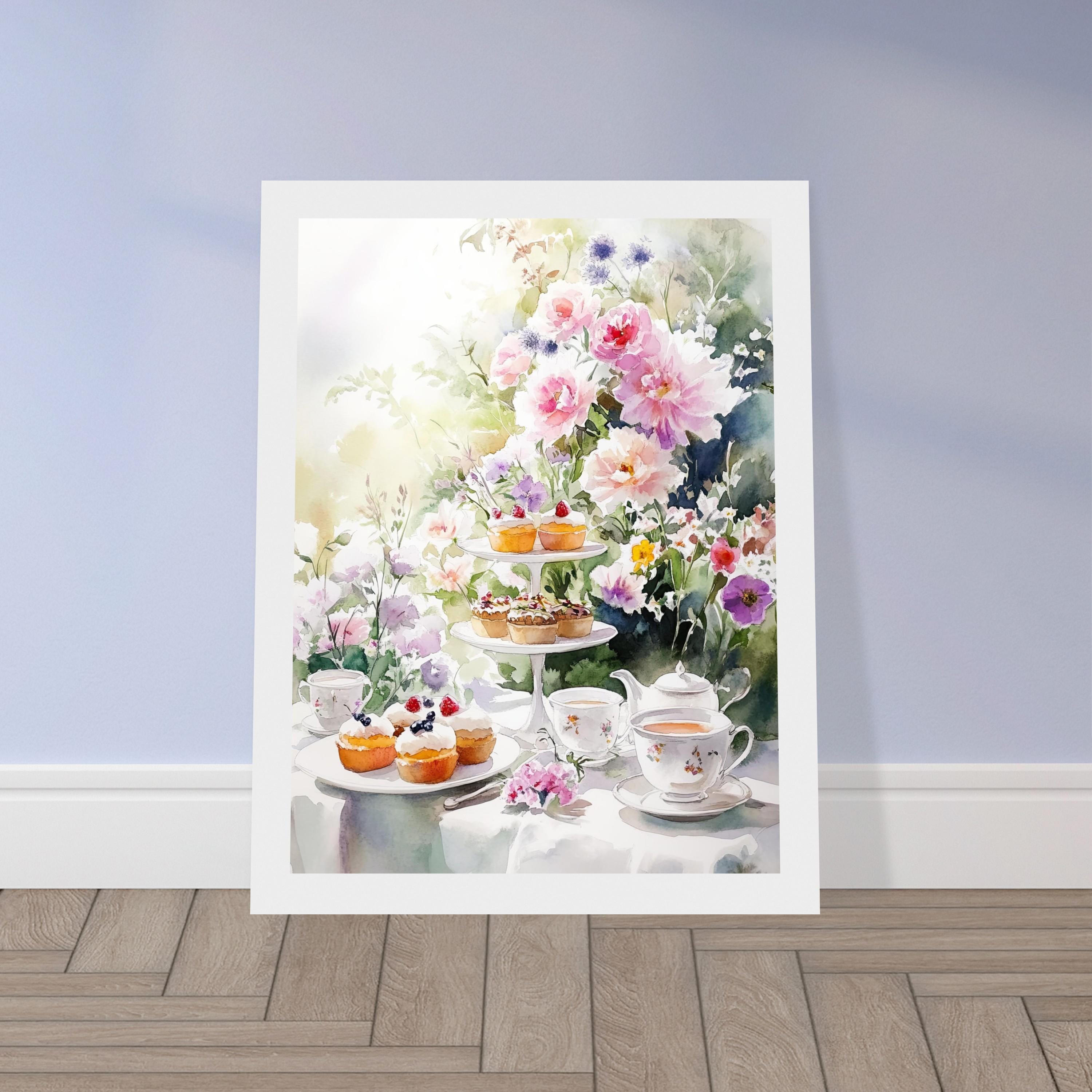 アフタヌーンティーの水彩画：エレガントなティーセット、カップケーキ