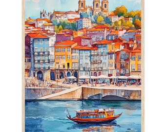 Porto Watercolor Print: Ribeira District Travel Wall Art Douro River Artwork Historic Portugal Cityscape Poster