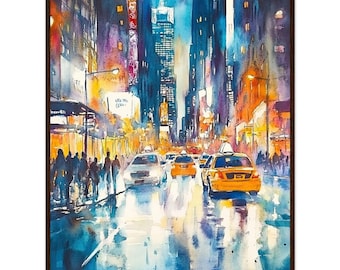 Times Square Night Watercolor Print: NYC Yellow Taxis Wall Art USA Travel Poster
