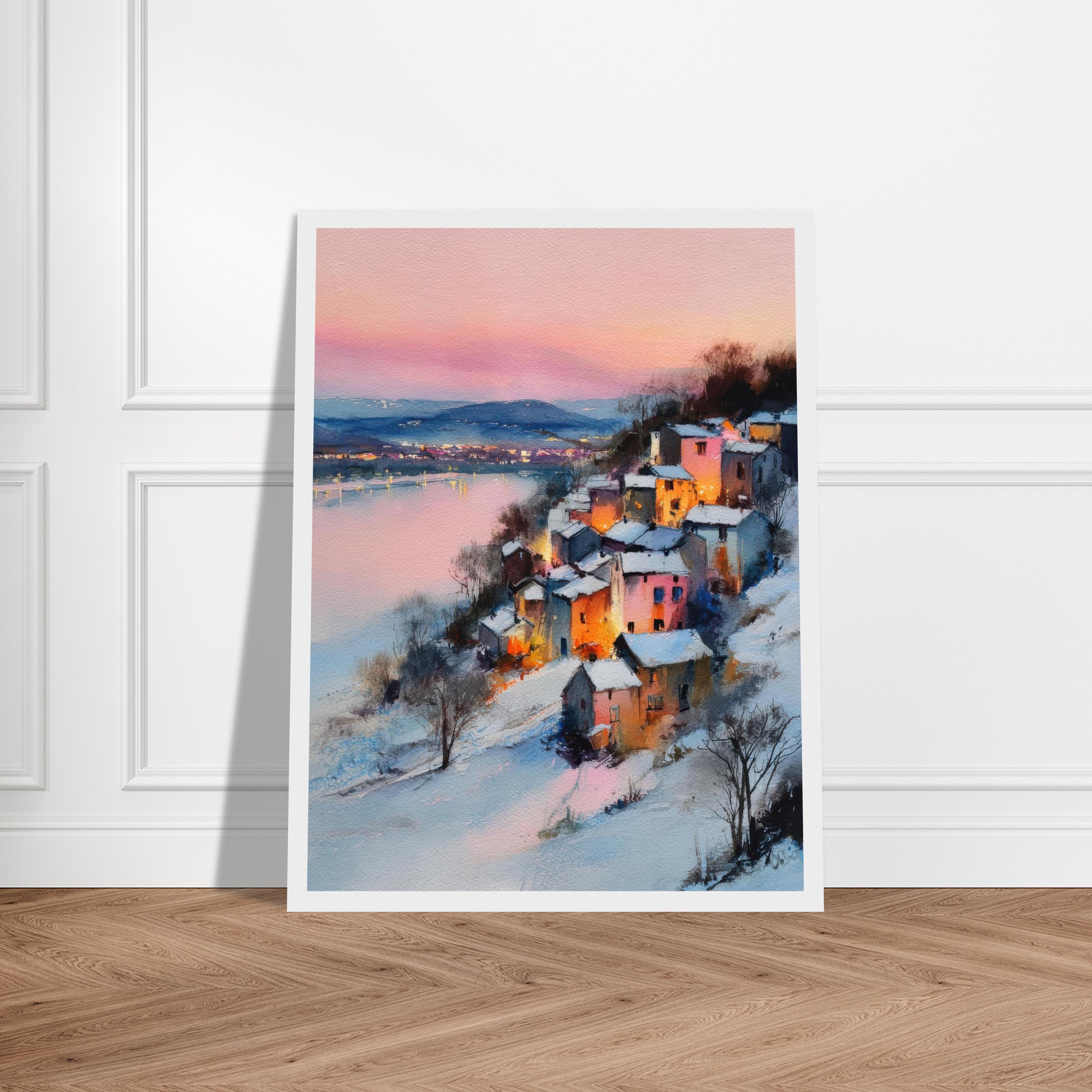冬の村の水彩画：心地よいヨーロッパの風景画 - Etsy 日本