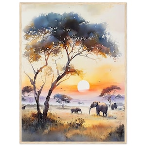 Impresión de acuarela de puesta de sol africana, elefantes pastando en la sabana, impresión de arte de pared, impresión en lienzo de Sudáfrica, póster de viaje de safari de NataliaAyuArt
