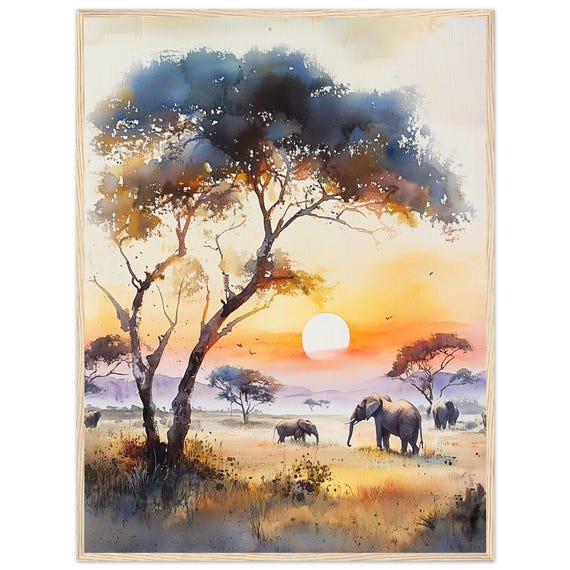 アフリカの夕日と象のプリント：水彩画風サバンナの壁掛けアート