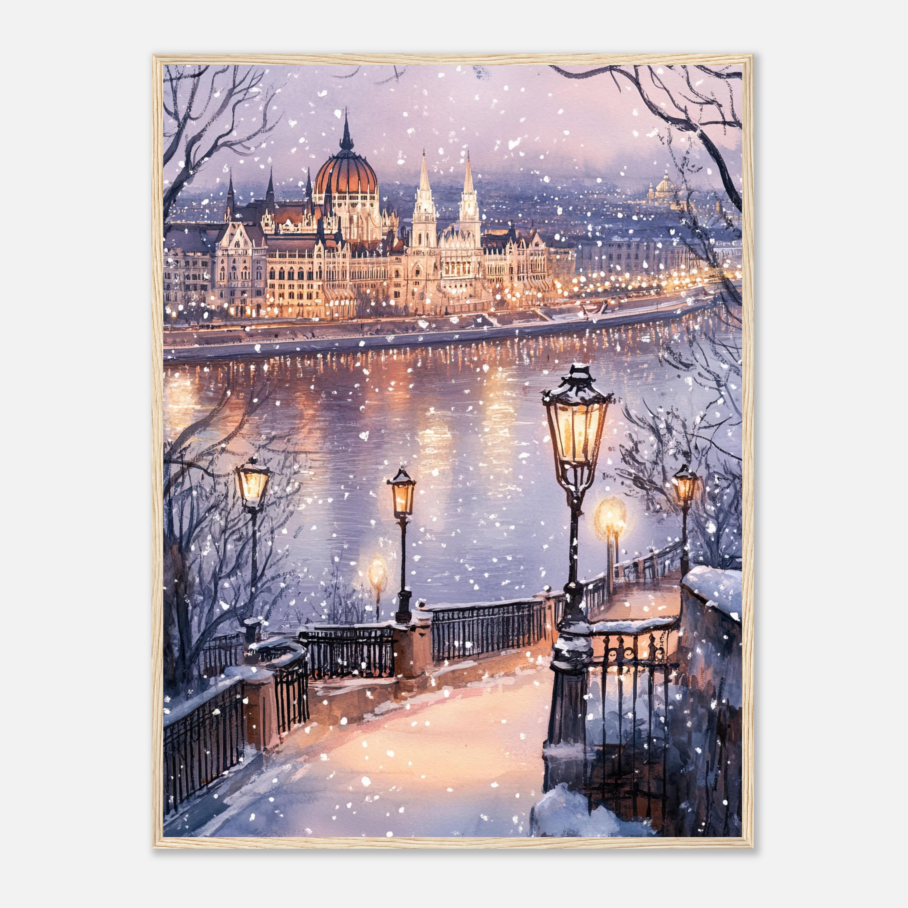 Budapest Winter Wonderland Watercolor Painting Hungarian Parliament Wall Art Print Snowy Evening Fine Art Print by NataliaAyuArt