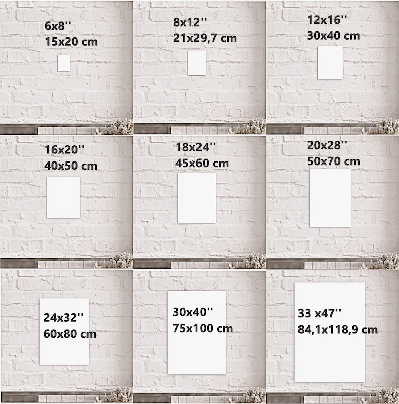 Op de afbeelding: Een weergave van verschillende rechthoekige kunstafdrukformaten, waaronder 15x20 cm, 21x29,7 cm, 30x40 cm, 40x50 cm, 45x60 cm, 50x70 cm, 60x80 cm, 75x100 cm en 84,1x118,9 cm. Elke afdruk wordt getoond tegen een witte bakstenen muur.