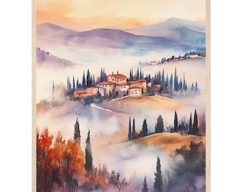 Foggy Tuscan Hills Watercolor Print: Italian Landscape Art