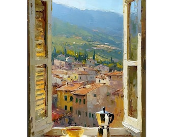 Lámina con vista a la ventana de la Toscana, arte mural de un pueblo mediterráneo, pintura de naturaleza muerta con café, decoración de paisaje italiano, obra de arte al estilo Matisse.