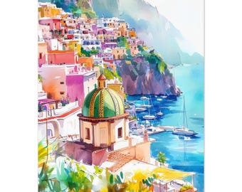 Akvarelltryck i Positano, Italien: Konst från Amalfikusten, Medelhavsdekor