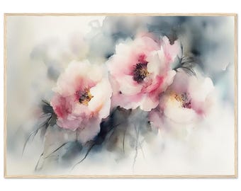 ピンクの牡丹の水彩画プリント：柔らかな抽象的な花柄のウォールアート