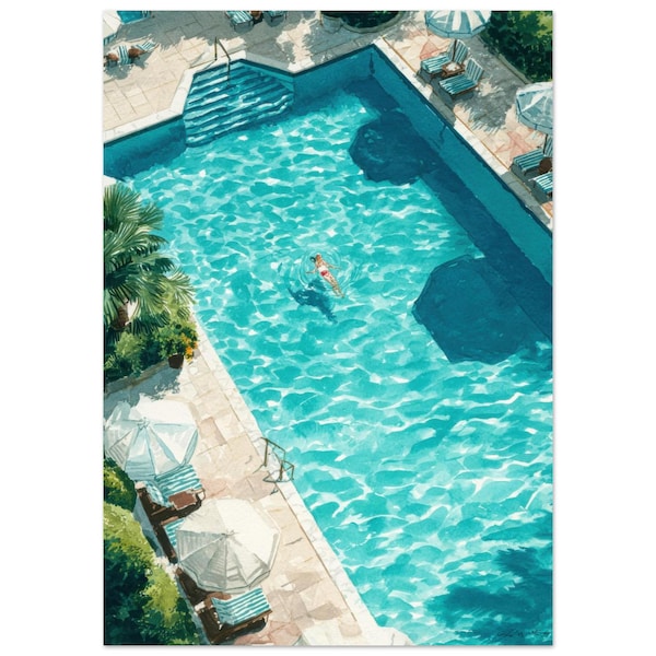Lámina de acuarela de piscina mediterránea: Pintura de verano para piscina de resort de lujo. Arte mural para piscina.