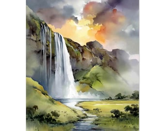 Seljalandsfoss Waterfall Print: Iceland Nordic Landscape Watercolor Art
