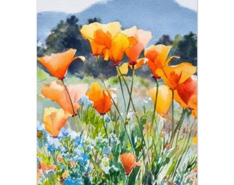 Estampado en acuarela de amapolas de California: Obra de arte sobre flores silvestres del Monte Tamalpais