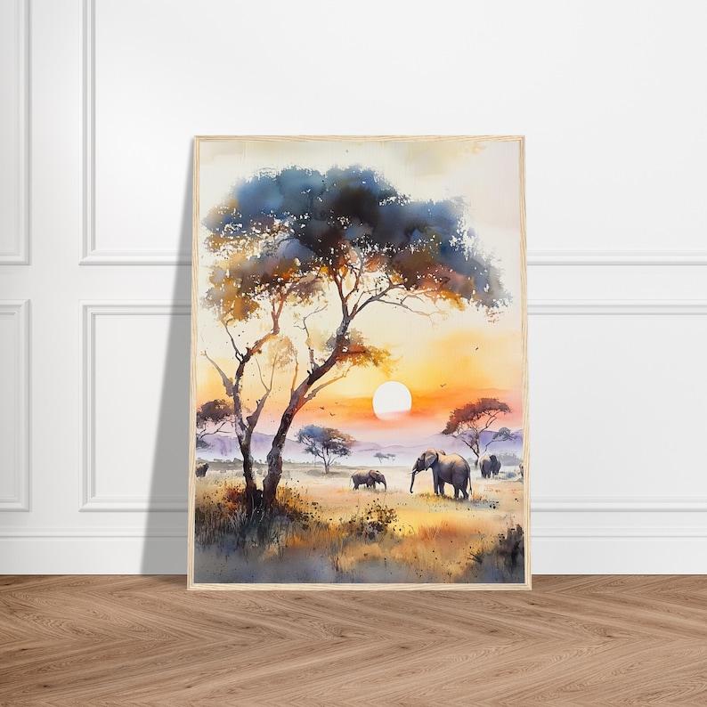 African Sunset Elephant Print: Watercolor Savannah Wall Art - Etsy